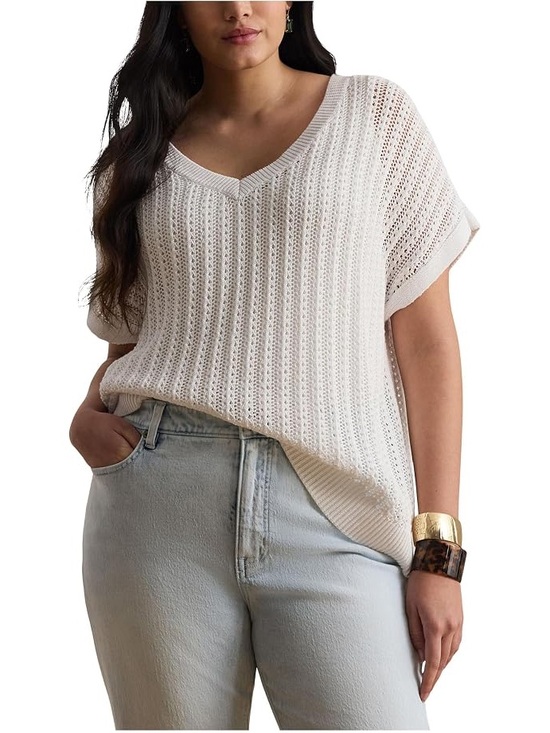 Lane Bryant Tops - Lane Bryant Cotton Crochet Open Knit Boxy V-Neck Batwing Short Sleeve Poncho Top